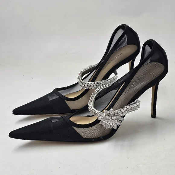 MACH & MACH Lotus Flower Crystal Mesh Pumps Black Stiletto Heels EU38 $1100 - Picture 2 of 11